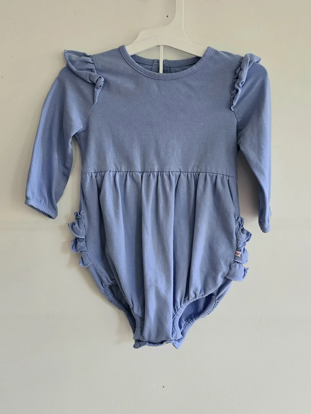 RuffleButts Baby Girls Flutter Bubble Romper Periwinkle Blue Size 12-18m